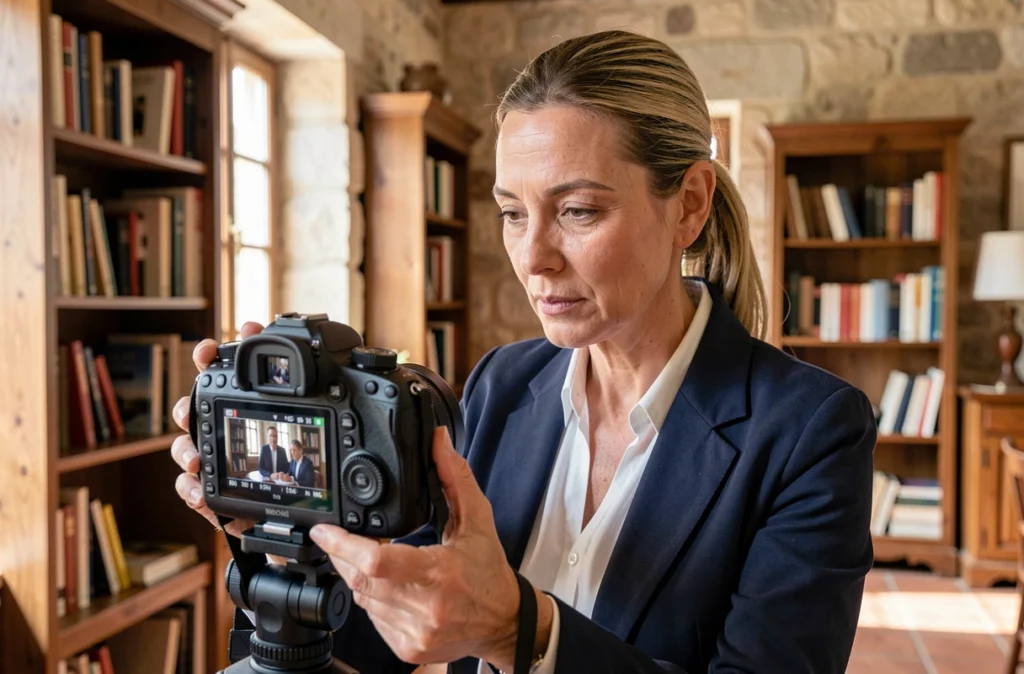 Photographe professionnelle à Frontignan révisant des clichés dans un espace intérieur en pierre typique du centre historique