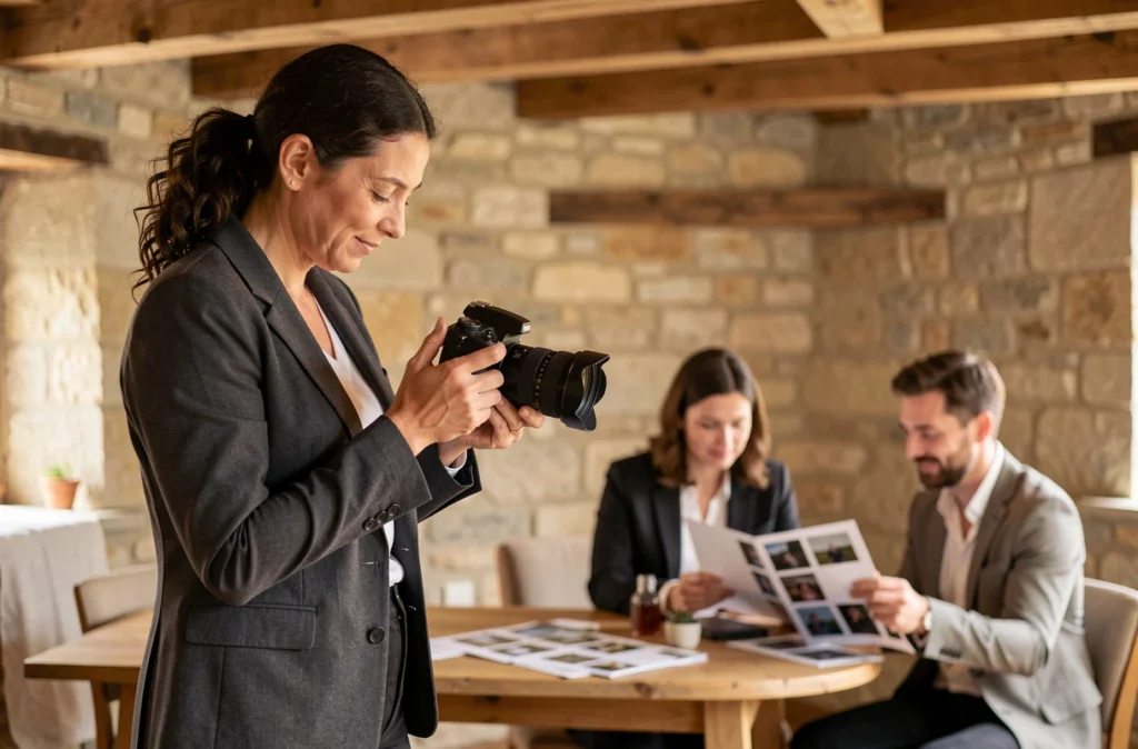 Photographe femme consultant avec des clients pour un mariage à Foix en Ariège