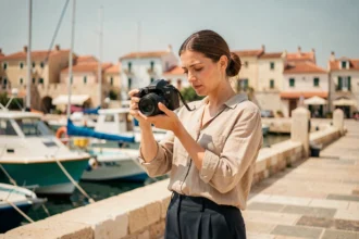 Photographe professionnelle sur le port de Sanary-sur-Mer révisant ses clichés avec les bateaux colorés en arrière-plan