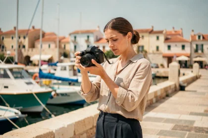 Photographe professionnelle sur le port de Sanary-sur-Mer révisant ses clichés avec les bateaux colorés en arrière-plan