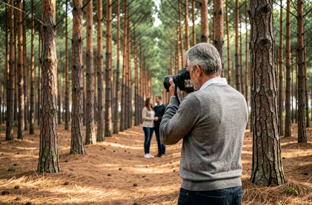 Photographe de portrait en pleine séance dans une forêt de pins des Landes près de La Teste-de-Buch