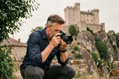 Photographe professionnel en action lors d'un événement à Foix avec le château en arrière-plan