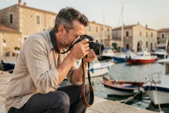 Photographe professionnel à Frontignan cadrant une prise de vue au bord du port méditerranéen