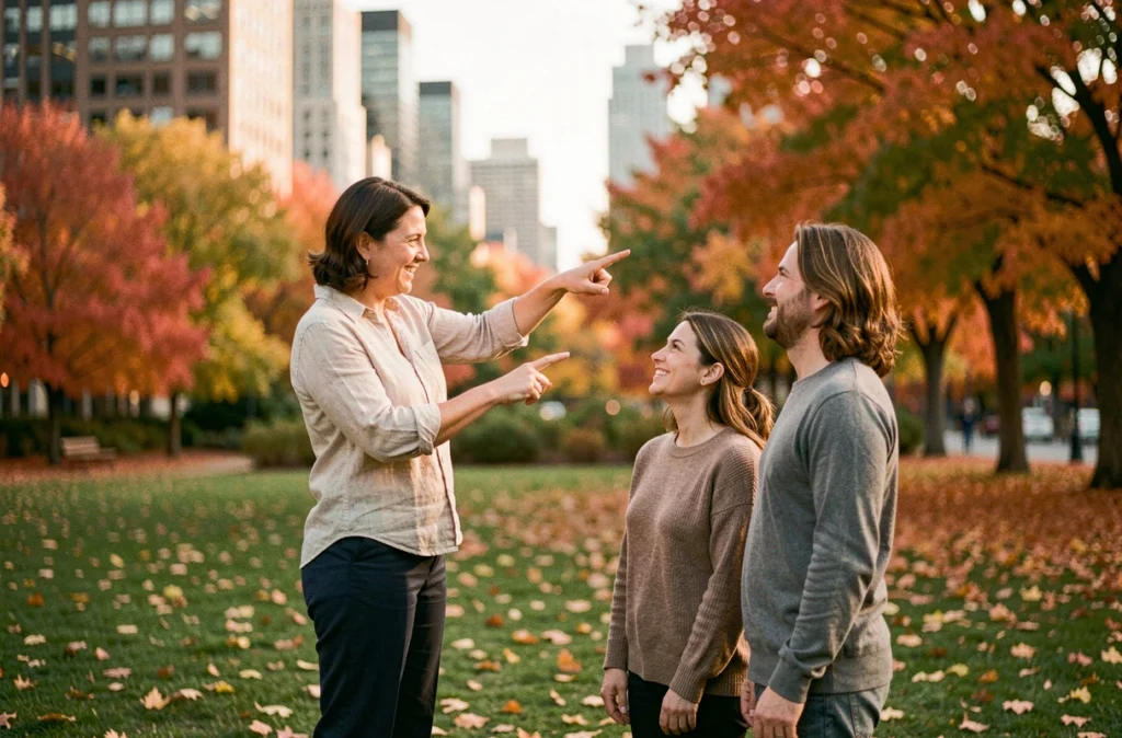 Photographe réputée dirigeant un couple lors d'une séance portrait en extérieur dans un parc urbain