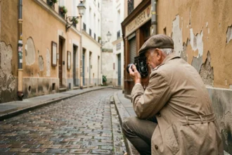 Photographe de rue âgé en imperméable beige accroupi dans une ruelle pavée de Montmartre avec un appareil photo vintage Rolleiflex, évoquant le style documentaire de Robert Doisneau