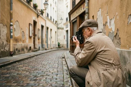 Photographe de rue âgé en imperméable beige accroupi dans une ruelle pavée de Montmartre avec un appareil photo vintage Rolleiflex, évoquant le style documentaire de Robert Doisneau