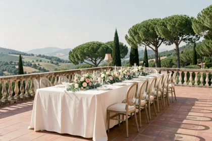 Salle de mariage extérieure dans les Alpes-Maritimes avec décoration élégante sur une terrasse provençale
