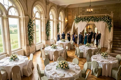 Grande salle de mariage en Seine-Maritime avec décoration florale élégante et architecture normande