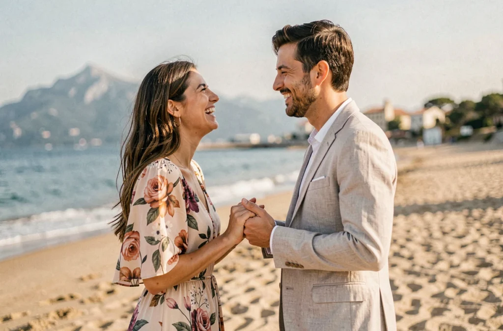 Couple photographié sur la plage de Frontignan avec vue sur la mer Méditerranée lors d'une séance photo professionnelle