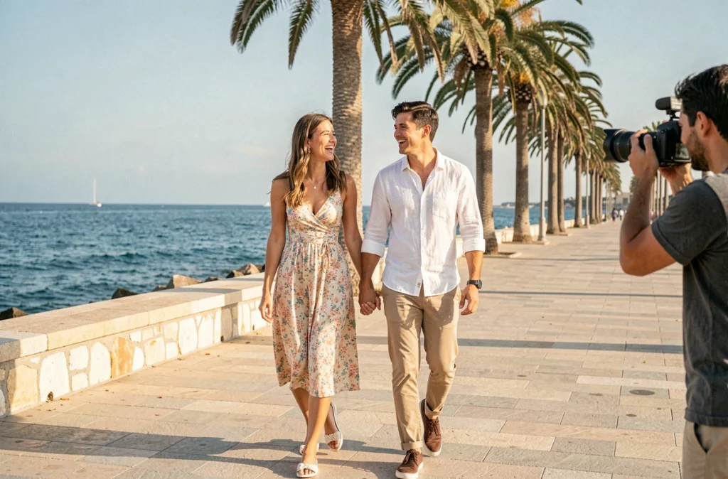Séance photo de couple en bord de mer sur la promenade de Sanary-sur-Mer avec un photographe professionnel