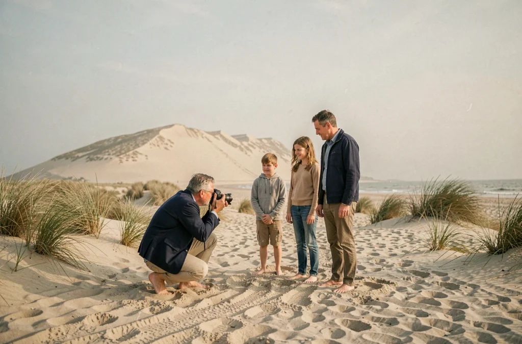 Photographe professionnel réalisant une séance photo de famille au pied de la Dune du Pilat à La Teste-de-Buch