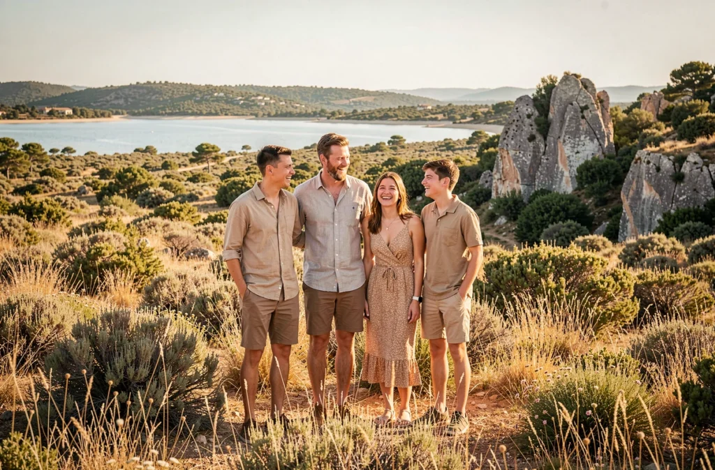 Séance photo de famille en plein air dans la garrigue autour de Frontignan avec vue sur l'étang de Thau