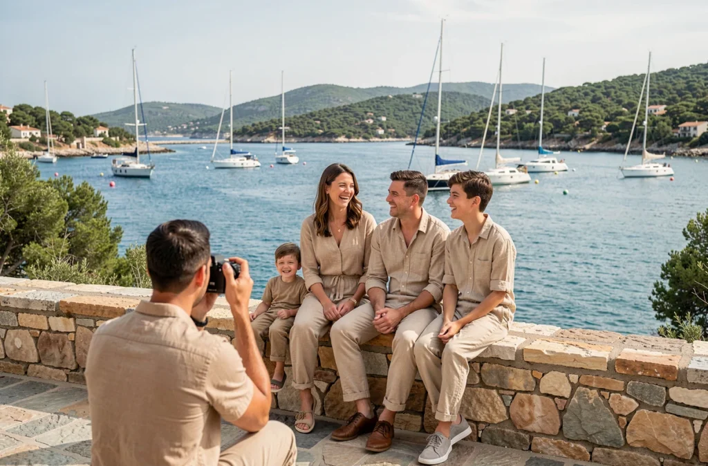 Séance photo de famille à Sanary-sur-Mer avec vue sur la baie et les voiliers, dirigée par un photographe professionnel