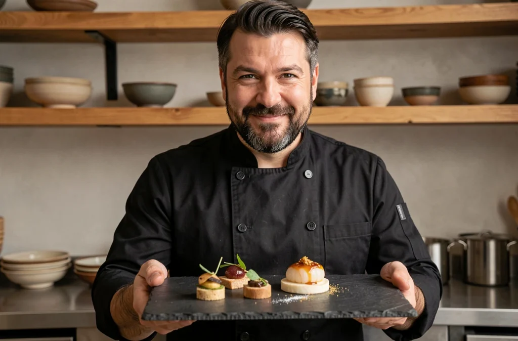 Chef de Segarra Traiteur présentant une assiette fusion normando-espagnole pour un menu de mariage gastronomique