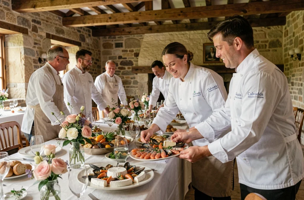 Équipe du traiteur Calvados 14 présentant un buffet normand élaboré dans une salle de réception en pierre