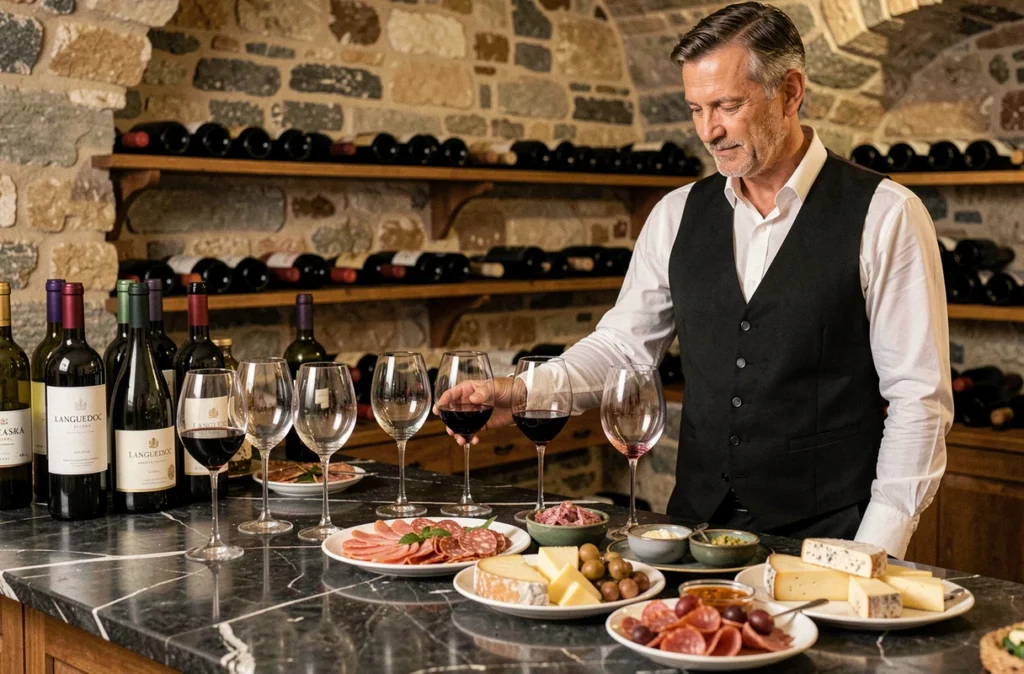 Sommelier de L'Univers des Vins et des Saveurs présentant une sélection de vins du Languedoc et de charcuteries fines lors d'un mariage