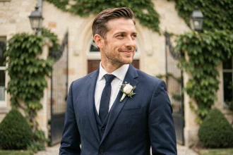 Portrait élégant d'un homme en costume marine devant un château lors d'un mariage, dans un cadre champêtre français