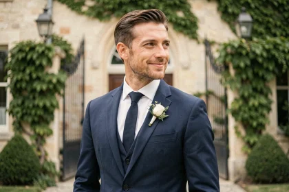 Portrait élégant d'un homme en costume marine devant un château lors d'un mariage, dans un cadre champêtre français