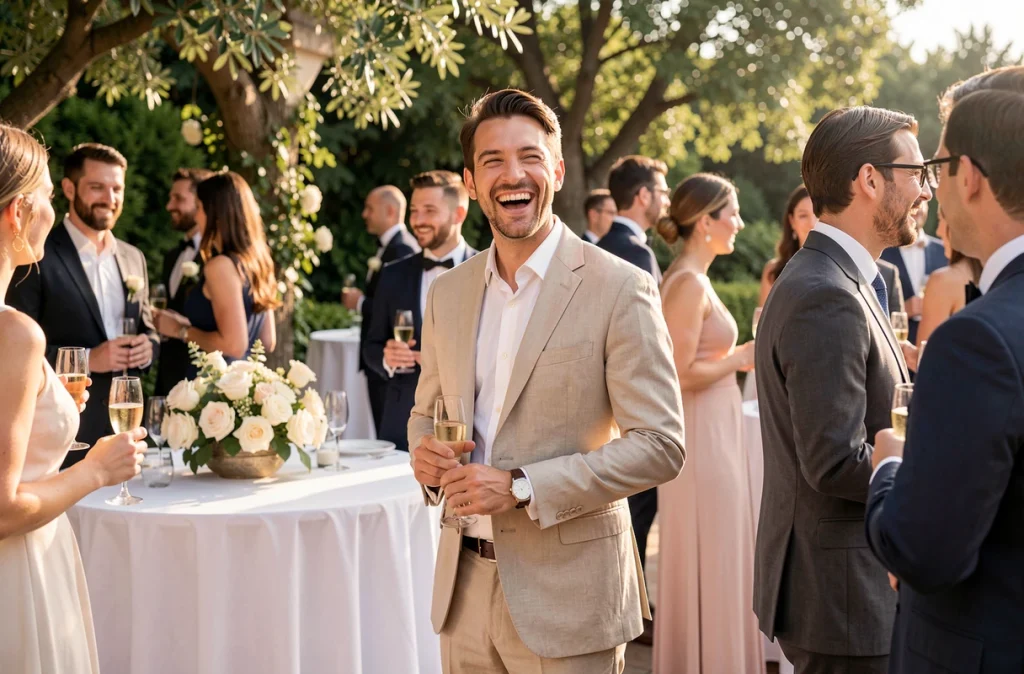 Moment de célébration en candid lors d'une réception de mariage en extérieur, homme en costume lin beige avec invités