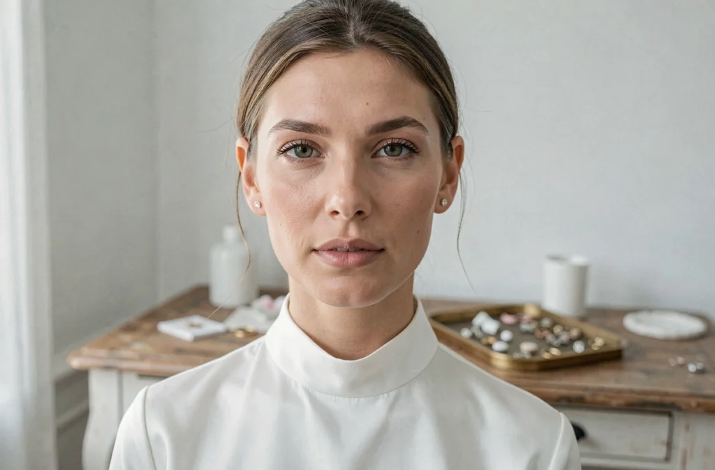 Femme portant une boucle d'oreille puce discrète en diamant lors de la préparation du mariage dans un appartement parisien